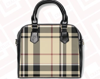 Beige Plaid Shoulder Handbag for women gift faux leather designer bag gift Shoulder purse  for mother girlfriend trending style outing
