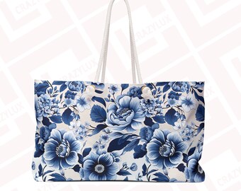 Royal Blue Floral Oversized Weekender Tote Bag Beach Travel Purse rope handle Gift for her Nautical Beach Tote Honeymoon travel gift for mom