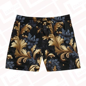 Zwart en goud barok design zwemshort, halflange herenshorts, barokke stijl cadeau voor hem badpak, strandkleding, designer zwembroeken