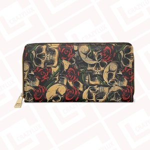 Cartera con cremallera de calaveras y rosas de diseñador, estuche de diseñador, regalo accesorio de moda para creadores de tendencias, cuero sintético con diseño de estampado vibrante