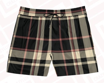 Dark Plaid Swim Shorts, Men's Mid-Length Shorts, Tartan design, Gift for him, men swimsuit, beachwear, designer swim trunks