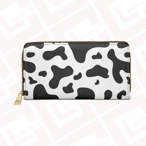 Cartera con estampado de vaca oscura de diseñador, estuche de diseñador, regalo accesorio de moda para creadores de tendencias, cuero sintético con diseño de estampado vibrante
