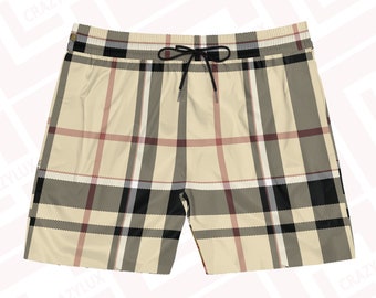 Beige karierte Badeshorts, Herren mittellange Shorts, Tartan Design, Geschenk für ihn, Herren Badeanzug, Bademode, Designer Badehose