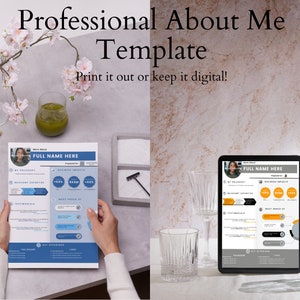 Puede incluir: Una plantilla digital para una p&aacute;gina profesional de "Acerca de m&iacute;". La plantilla se muestra en una tableta y una hoja de papel impresa. La plantilla incluye secciones para la foto de una persona, su filosof&iacute;a profesional, su experiencia relevante, su impacto comercial, sus testimonios y sus principales diferenciadores. El texto "FULL NAME HERE" est&aacute; en la parte superior de la plantilla.
