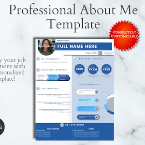 Professional About Me Template, Creative Resume Template, Executive Bio Template, Professional Bio Template, Customizable Canva Template