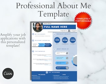 Professional About Me Template, Creative Resume Template, Executive Bio Template, Professional Bio Template, Customizable Canva Template