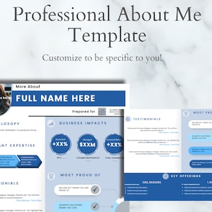 Puede incluir: Una plantilla profesional azul y blanca sobre m&iacute; con el texto "Plantilla profesional sobre m&iacute;" en la parte superior. La plantilla incluye secciones para "Mi filosof&iacute;a", "Experiencia relevante", "Impactos comerciales", "M&aacute;s orgulloso de", "Testimonios", "Ofertas clave" y "Usted necesita".