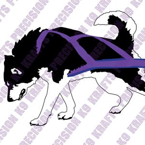 May include: A black and white dog illustration with a purple harness. The dog is in a walking pose, with the harness extending over its back. The text "PRECISION K9 KRAFTS" is repeated diagonally across the background.