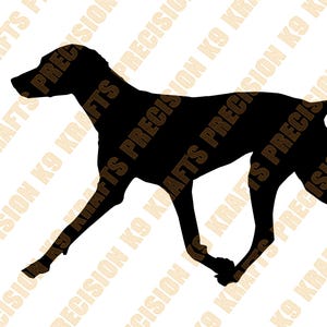 May include: A black silhouette of a dog in a running pose. The dog is depicted in profile, with its legs extended as if in motion. The image has the text "PRECISION K9 KRAFTS" in the background.