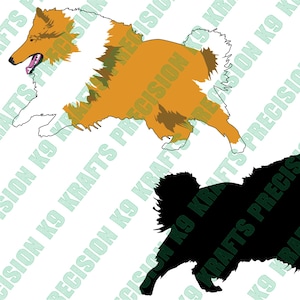 Könnte beinhalten: Zwei Hunde-Silhouetten. Eine ist ein laufender Collie in Orange, Weiß und Braun. Die andere ist eine schwarze Silhouette eines laufenden Hundes. Der Hintergrund hat ein sich wiederholendes Muster mit dem Text "PRECISION K9 KRAFTS".