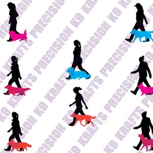 May include: A repeating pattern featuring black silhouettes of people walking dogs in various colors, including pink, blue, and orange. The text "K9 KRAFTS PRECISION" is diagonally printed across the image.