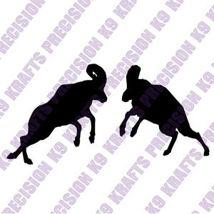 May include: A black silhouette graphic of two bighorn sheep facing each other in a head-butting stance. The background features a repeating diagonal watermark pattern of the text K9 KRAFTS PRECISION in light purple lettering.