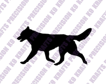 May include: A black silhouette of a dog in a running pose. The dog is facing left with its mouth open and tail up. The background has a repeating pattern of text that reads "K9 KRAFTS PRECISION".