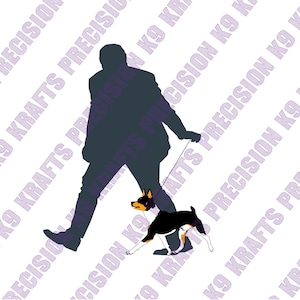 May include: Silhouette of a person walking a dog on a leash. The dog is black and white with tan markings. The person is wearing a suit. The background has the text "PRECISION K9 KRAFTS" repeated diagonally.