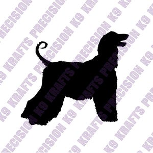 May include: A black silhouette of an Afghan Hound dog, showcasing its distinctive long, flowing coat and curled tail. The dog is depicted in a side profile, with the text "K9 KRAFTS PRECISION" in the background.