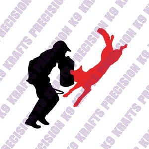 May include: Silhouette of a person in black protective gear and a red dog in mid-air. The image is a graphic design with the text "PRECISION K9 KRAFTS" repeated diagonally across the white background.