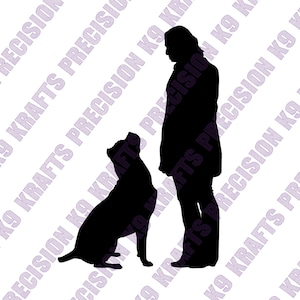 Vrouwelijke geleider, cane corso, K-9, gehoorzaamheid, training, zitten, SVG, DXF