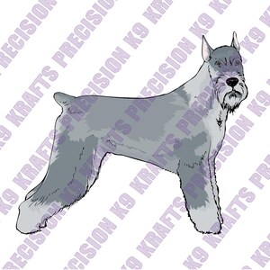 Könnte beinhalten: Stilisierte Illustration eines Schnauzer-Hundes in Grau- und Weißtönen, im Profil stehend. Der Hund hat einen markanten Bart und Augenbrauen. Der Hintergrund zeigt den Text "K9 KRAFTS PRECISION" in einem sich wiederholenden Muster.