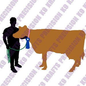 May include: Silhouette of a person holding a rope, leading a brown cow. The cow wears a pink collar and a blue ribbon. The background has a repeating pattern of text that reads "KRAFTS PRECISION K9".