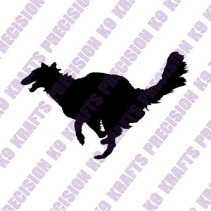 May include: A black silhouette of a running dog, likely a Borzoi, with its mouth open. The dog is in mid-stride, legs extended, and tail up. The background has a repeating pattern of text that reads "PRECISION K9 KRAFTS".