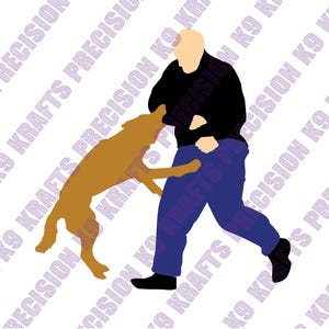 May include: Illustration of a brown dog jumping towards a person in a black shirt and blue pants. The person is in motion, with the dog appearing to interact. The background has a repeating pattern of text.