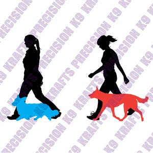 May include: Silhouette of a person walking a blue dog. The person is in black, and the dog is in blue. The background is white with the text "PRECISION K9 KRAFTS" in a diagonal pattern.