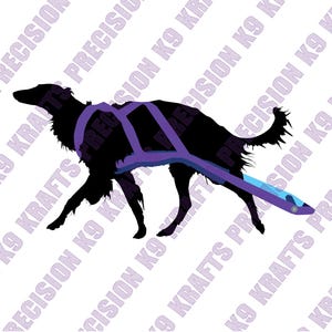 May include: A black silhouette of a Borzoi dog wearing a purple and blue harness. The dog is depicted in a walking pose, with its long legs and tail visible. The background is white with a repeating diagonal text pattern.
