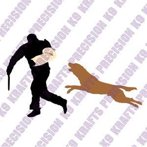 May include: Silhouette of a person in black uniform holding a baton and a training sleeve, with a brown dog leaping forward. The image has the text "PRECISION K9 KRAFTS" in a repeating pattern.