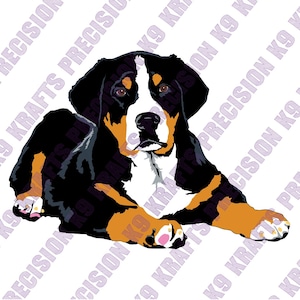 May include: A stylized illustration of a Bernese Mountain Dog puppy lying down. The dog has black, white, and tan markings. The text "PRECISION K9 KRAFTS" is diagonally printed across the background.