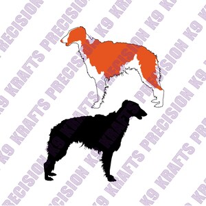May include: Two Borzoi dog illustrations. One is a silhouette in black, the other is orange and white. The background has a repeating pattern of the text "PRECISION K9 KRAFTS".