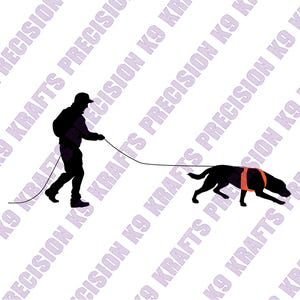 May include: A black silhouette of a person wearing a cap and walking while holding a leash attached to a black dog wearing an orange harness. The background features the repeating light purple text K9 KRAFTS PRECISION across the image.