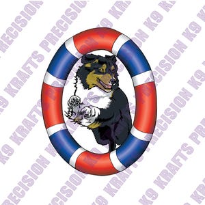 May include: A digital illustration of a dog inside a red, white, and blue ring. The dog is black, white, and tan. The ring has red and blue stripes. The text "K9 KRAFTS PRECISION" is in the background.