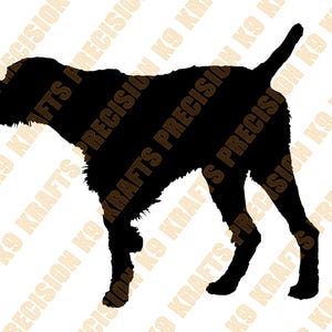 Puede incluir: Silueta negra de un Braco Alemán de Pelo Corto de pie con la cabeza girada hacia la izquierda.