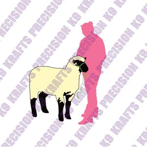 May include: A stylized illustration of a sheep with a cream-colored body and black legs. The sheep is standing next to a pink silhouette of a person. The background has a repeating pattern of the words "K9 KRAFTS PRECISION".