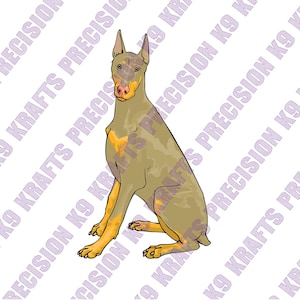 May include: A digital illustration of a Doberman Pinscher dog in a seated position. The dog has a tan body with yellow markings on its legs and chest. The background is white with a repeating pattern of text that reads "PRECISION K9 KRAFTS".
