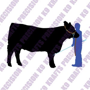 May include: Silhouette of a black cow with a brown halter and a blue figure holding a lead rope. The cow is standing, and the figure is standing next to it. The background is white with the text "PRECISION K9 KRAFTS" in a diagonal pattern.