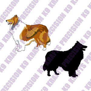 May include: Two illustrations of a Collie dog. One is a full-color rendering with brown, white, and tan fur. The other is a black silhouette of the same dog breed. The text "PRECISION K9 KRAFTS" is diagonally across the image.