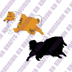 May include: Two dog silhouettes. One is a running Collie in orange, white, and brown. The other is a black silhouette of a dog. The words "PRECISION K9 KRAFTS" are printed diagonally across the image in a light purple color.