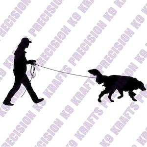 May include: A black silhouette of a person walking a dog on a lead. The dog is a long-haired breed. The person is wearing a cap and holding the lead. The background has a repeating pattern of text that reads "PRECISION K9 KRAFTS".