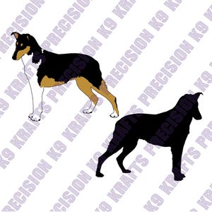 May include: Two dog illustrations. One is a detailed drawing with black, tan, and white markings. The other is a black silhouette of a dog. The background has a repeating pattern of text that reads "PRECISION K9 KRAFTS".