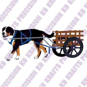 May include: A digital illustration of a dog pulling a small wooden cart. The dog is black, brown, and white, wearing a blue harness. The cart has a brown frame and black wheels. The background has the text "PRECISION K9 KRAFTS" repeated.