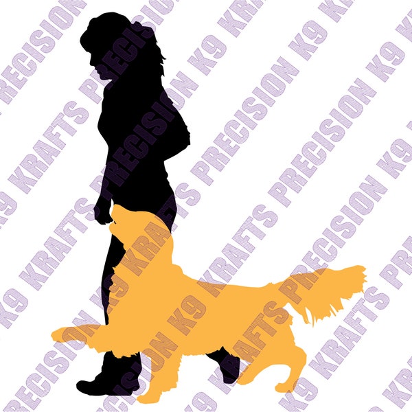 Lady heeling golden retriever, obedience, dog sports, eps, svg, png, ai, dxf