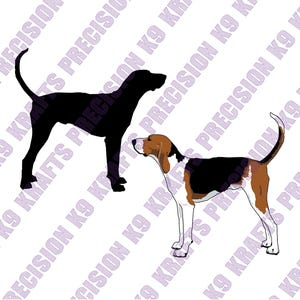 以下が含まれることがあります： 2匹の犬のイラスト。1つは、横向きの犬の黒いシルエットです。もう1つは、黒、茶色、白の毛並みで、頭を上げて尻尾を曲げて立っている犬の詳細な図です。