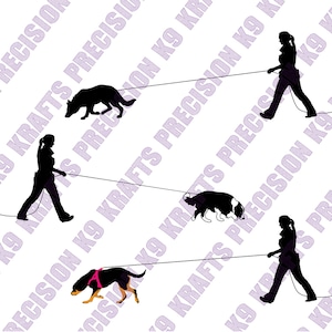 Può includere: Grafica a silhouette raffigurante una persona che porta a spasso cani al guinzaglio. I cani sono di varie razze, tra cui un pastore tedesco, un border collie e un rottweiler. Lo sfondo presenta un motivo di testo ripetuto: PRECISION K9 KRAFTS.