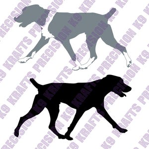 May include: Two dog silhouettes. The top dog is gray with white markings, in a running pose. The bottom dog is a black silhouette, also in a running pose. The image has the text "PRECISION K9 KRAFTS" in a diagonal pattern.
