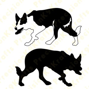 以下が含まれることがあります： 2つのポーズをとったボーダーコリー犬の白黒シルエット。犬は走っている姿と立っている姿で描かれています。