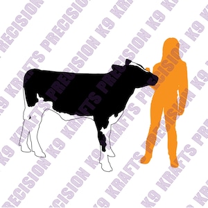 May include: A black and white cow illustration with an orange silhouette of a person. The cow is standing, and the person is standing next to it. The background has a repeating pattern of text.