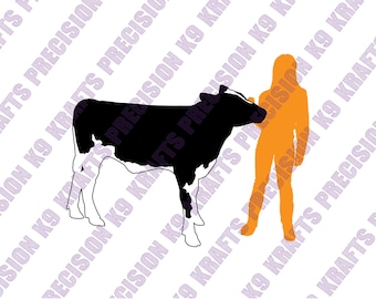 May include: A black and white cow illustration with an orange silhouette of a person. The cow is standing, and the person is standing next to it. The background has a repeating pattern of text.