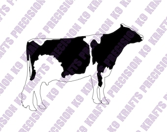 May include: A black and white silhouette of a cow, with black patches on its body. The cow is standing in profile, facing right. The background has a repeating pattern of text that reads "K9 KRAFTS PRECISION".
