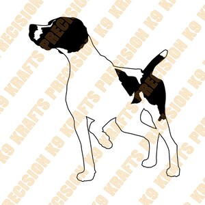 Könnte beinhalten: Schwarz-weiße Silhouette eines stehenden Hundes, der den Kopf zur Seite dreht. Der Hund befindet sich in einer Jagdstellung mit erhobenem Vorderbein.
